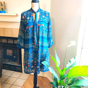 As U Wish Blue Orange Neck Tie Floral knee Length Dress Size M